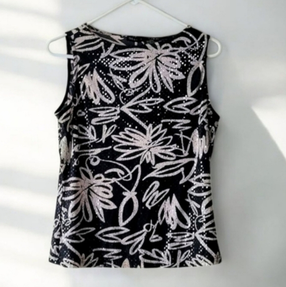 George Shiny Black And Cream Floral Tank Blouse Size Medium - Picture 1 of 7
